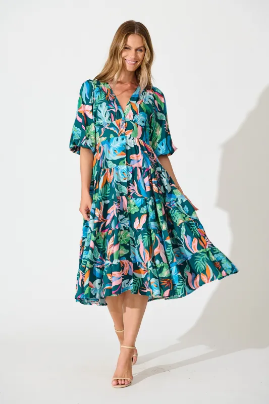 Copenhagen Midi Dress in Teal with Multi Leaf Print sold by St Frock