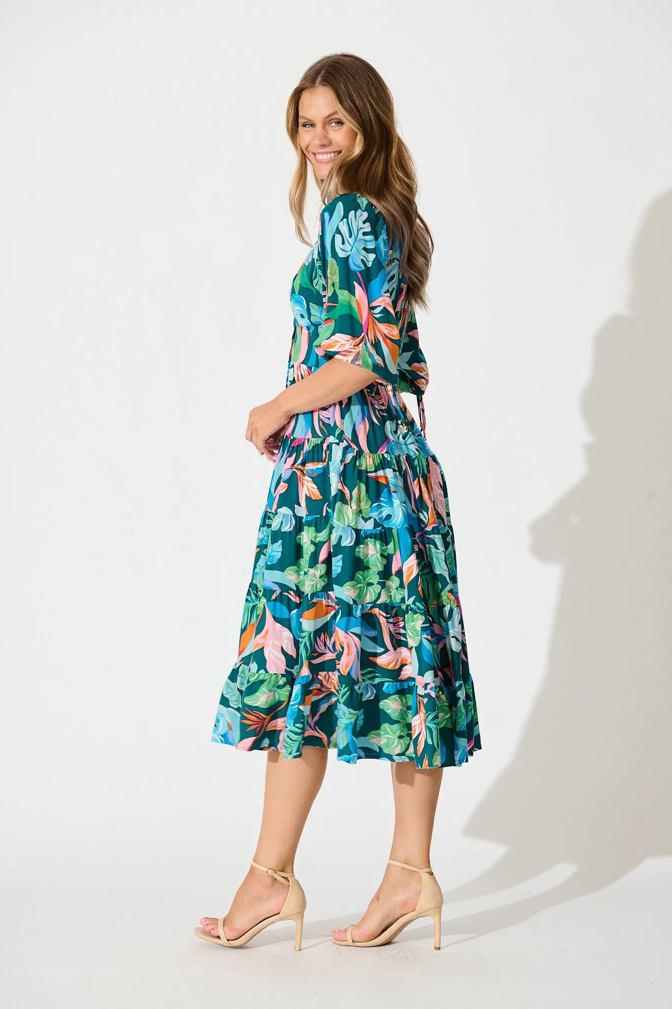 Copenhagen Midi Dress in Teal with Multi Leaf Print sold by St Frock product image thumbnail 3