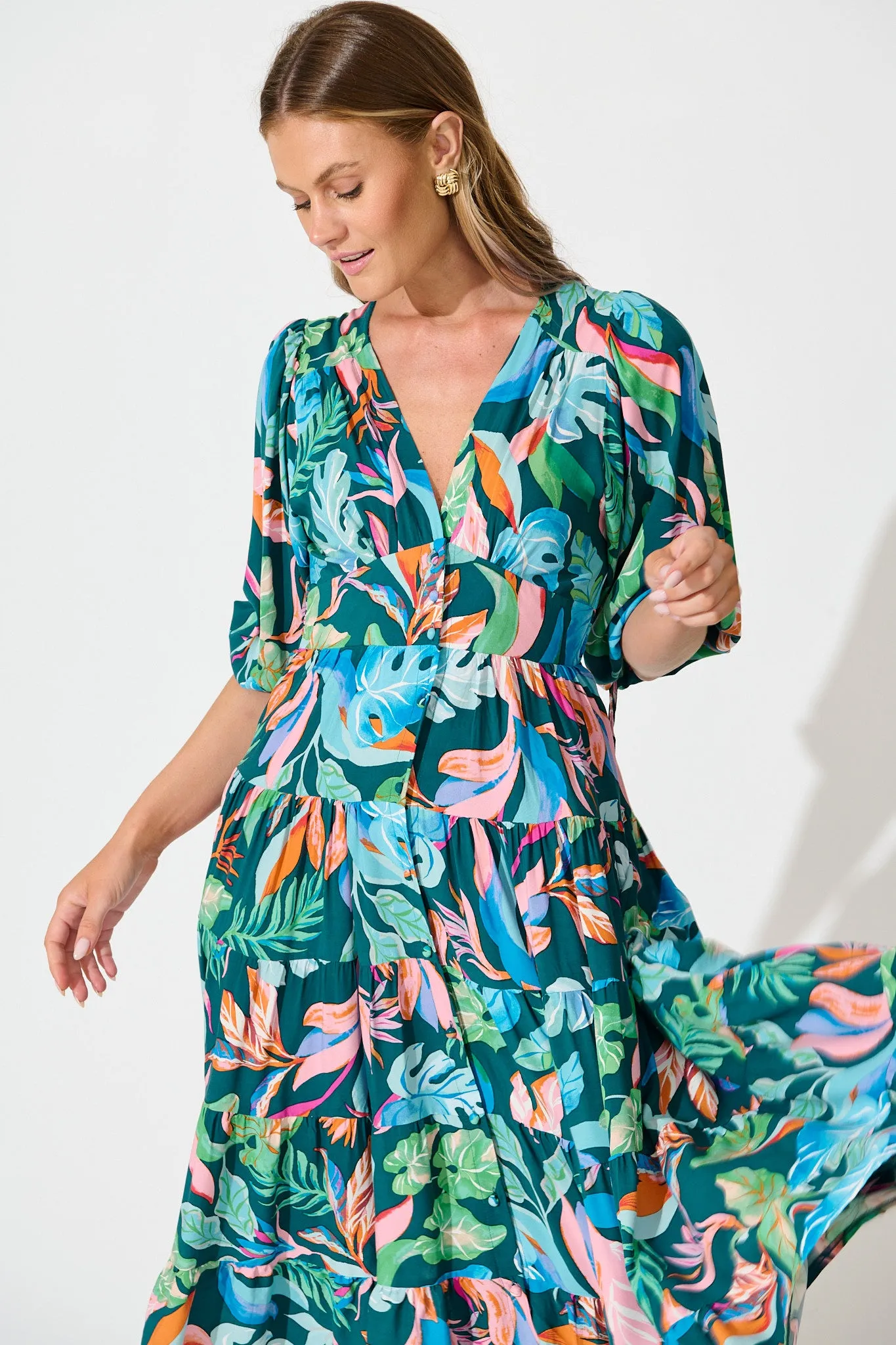 Copenhagen Midi Dress in Teal with Multi Leaf Print sold by St Frock product image thumbnail 2