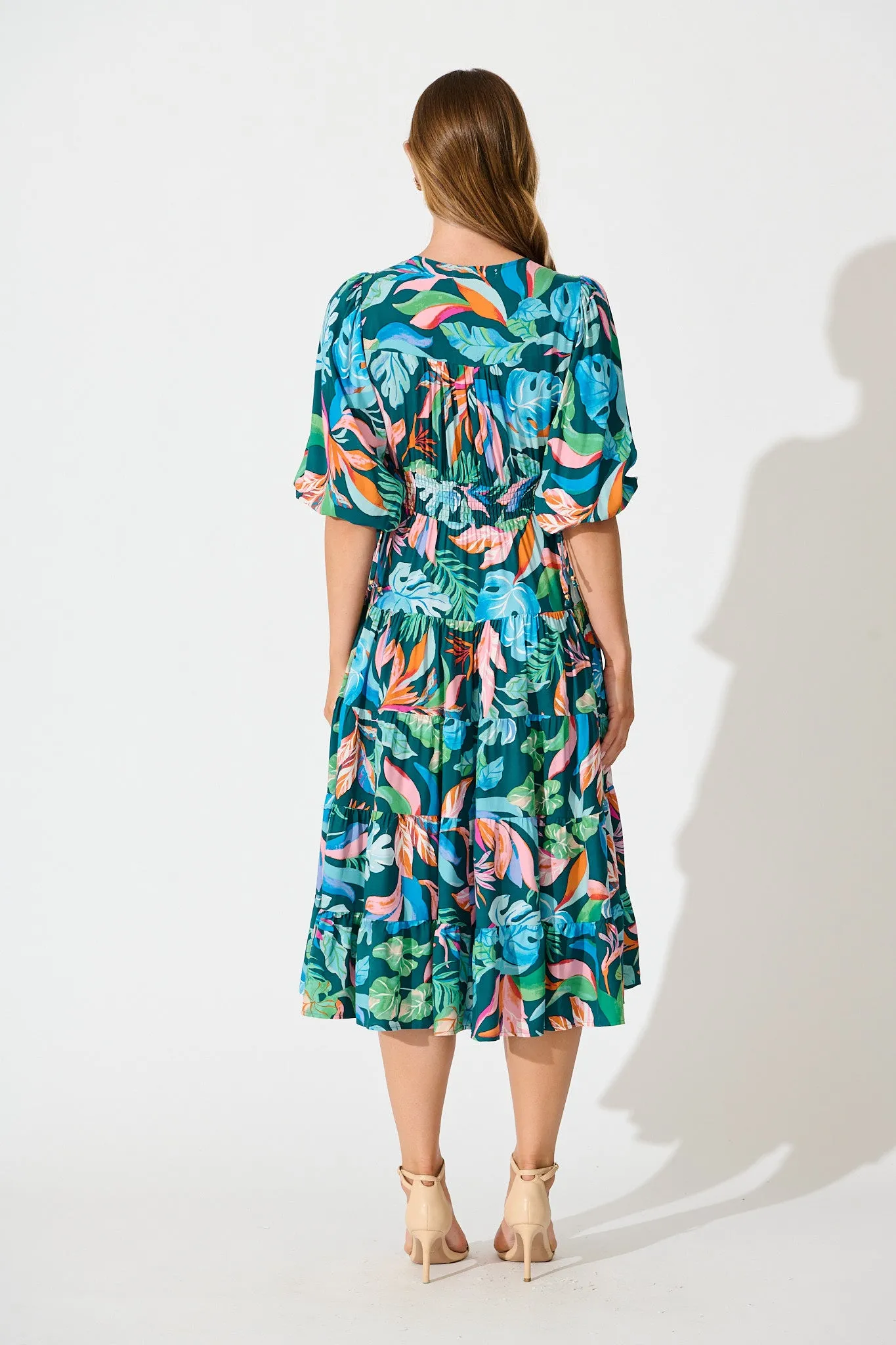 Copenhagen Midi Dress in Teal with Multi Leaf Print sold by St Frock product image thumbnail 4
