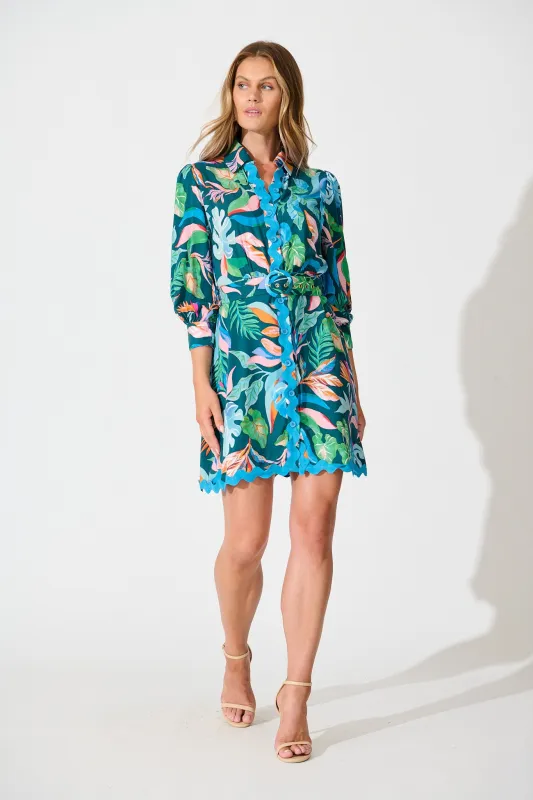 Amico Dress in Teal with Multi Leaf Print sold by St Frock