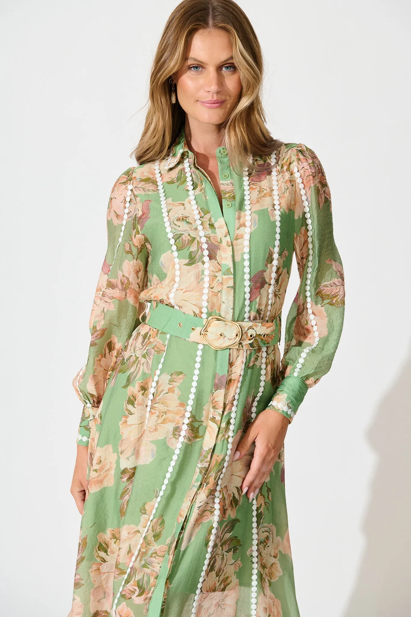 Lovingly Maxi Shirt Dress in Green Floral with Contrast Trim sold by St Frock product image thumbnail 2