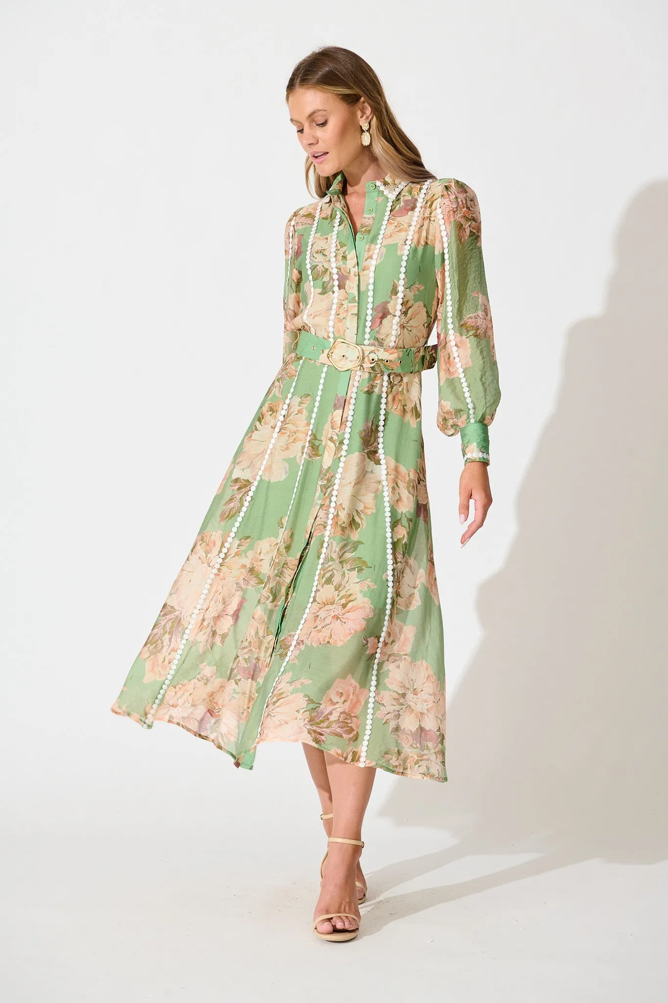 Lovingly Maxi Shirt Dress in Green Floral with Contrast Trim sold by St Frock