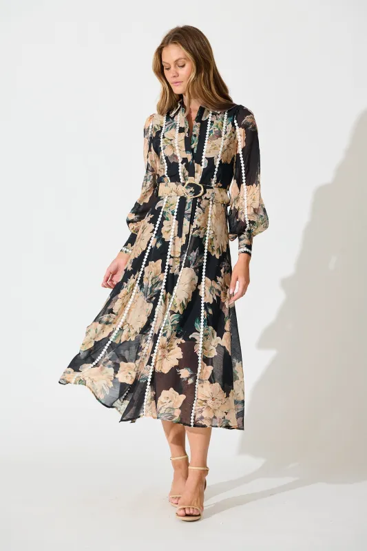 Lovingly Maxi Shirt Dress in Black Floral with Contrast Trim sold by St Frock