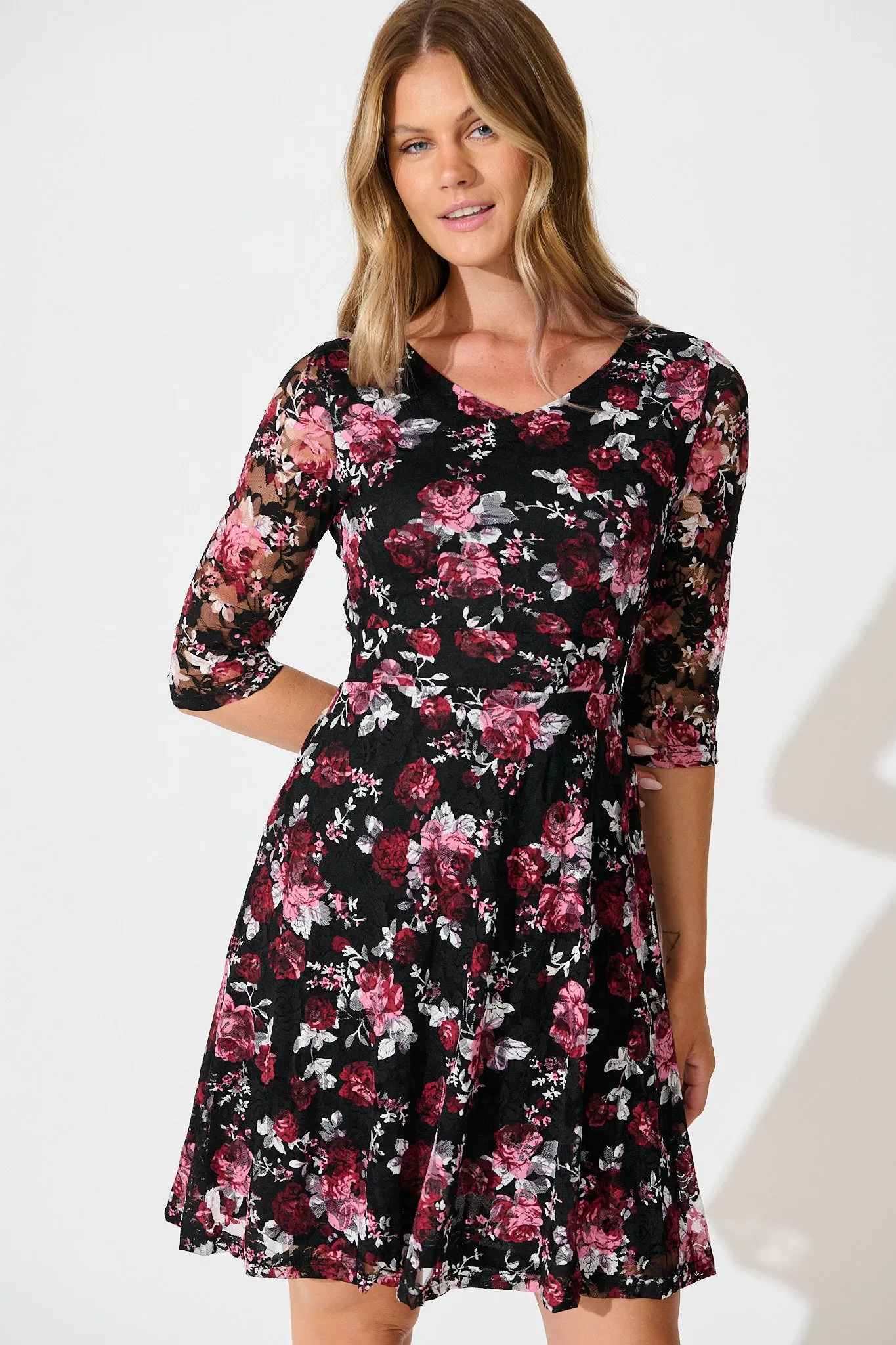 Loula Dress in Black with Multi Red Floral sold by St Frock product image thumbnail 2