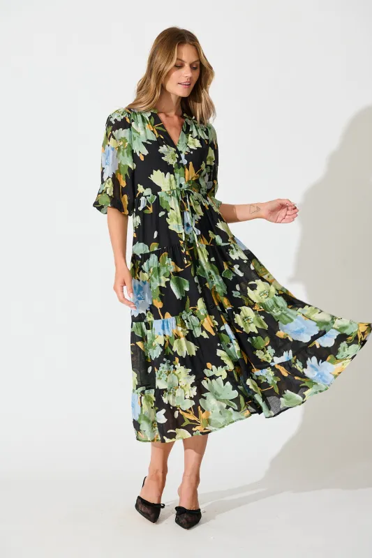 Sheer Bliss Midi Dress in Multi Black Floral sold by St Frock