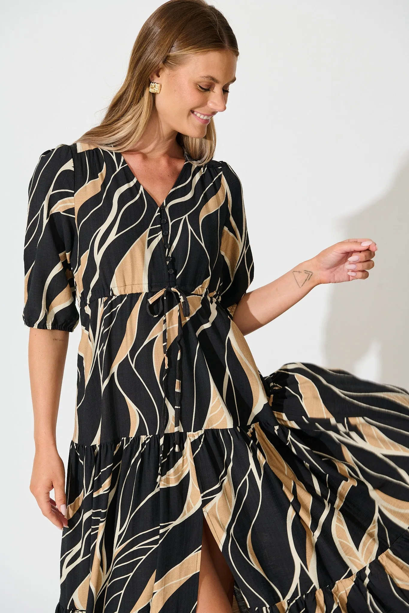 Danielle Midi Dress in Black with Neutral Print sold by St Frock product image thumbnail 2