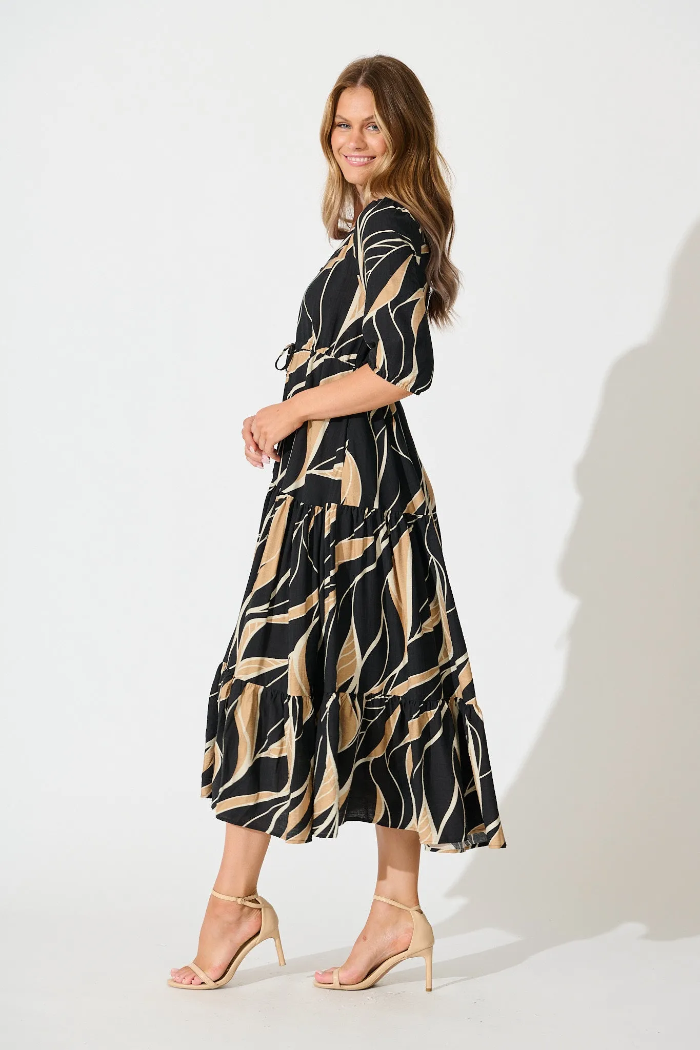 Danielle Midi Dress in Black with Neutral Print sold by St Frock product image thumbnail 3