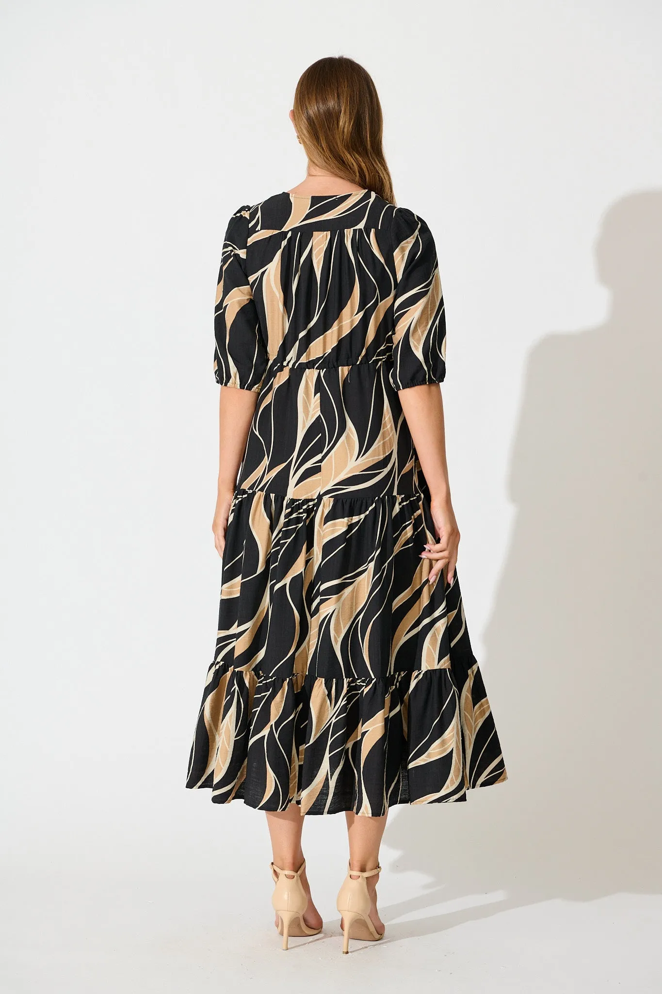 Danielle Midi Dress in Black with Neutral Print sold by St Frock product image thumbnail 4