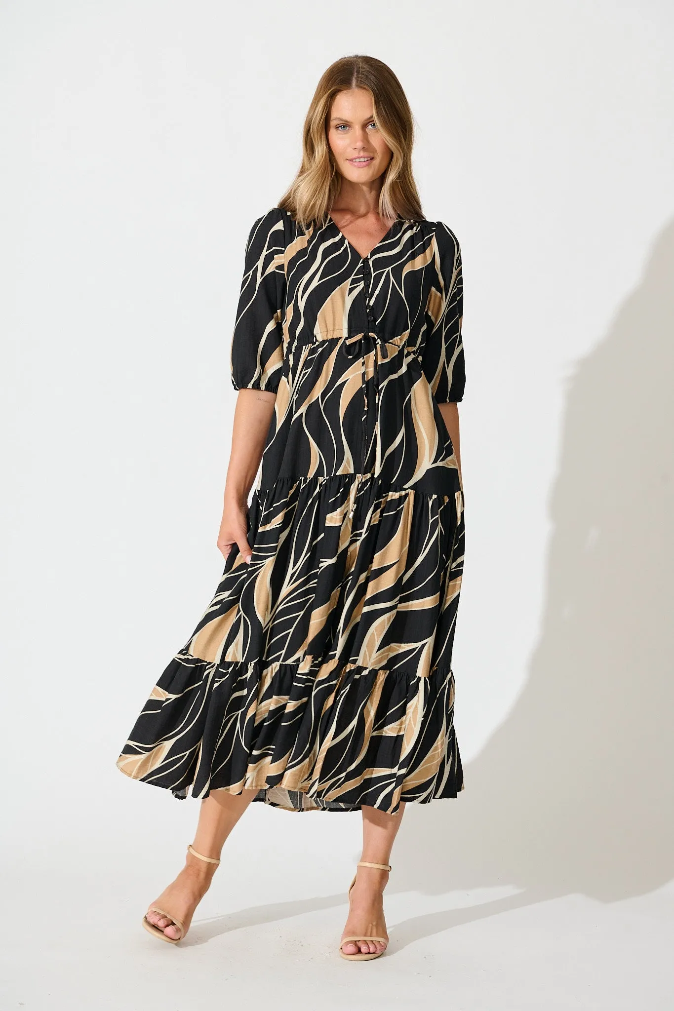 Danielle Midi Dress in Black with Neutral Print sold by St Frock product image thumbnail 5