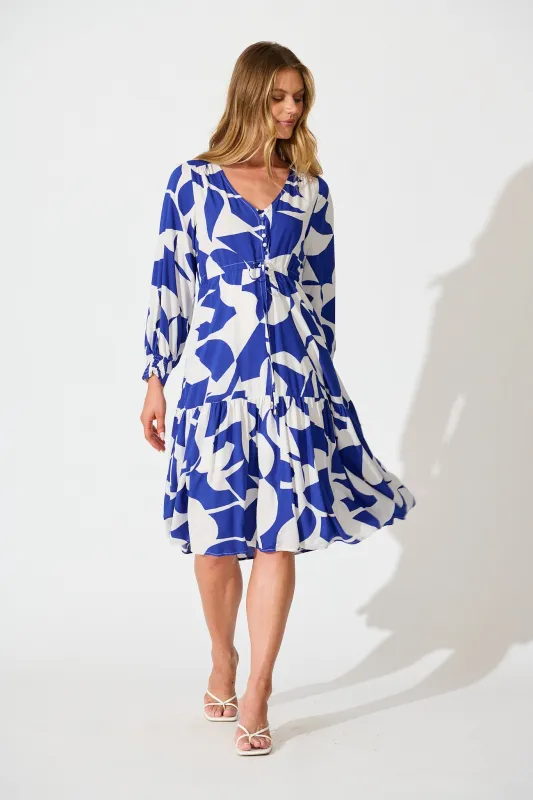 Sianna Midi Dress in Blue White Print sold by St Frock