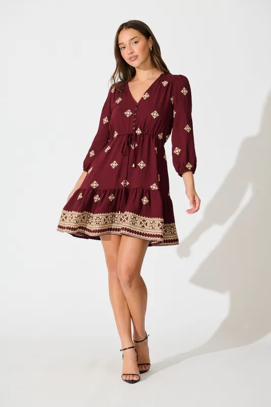 Byron Dress in Wine with Cream Embroidery sold by St Frock