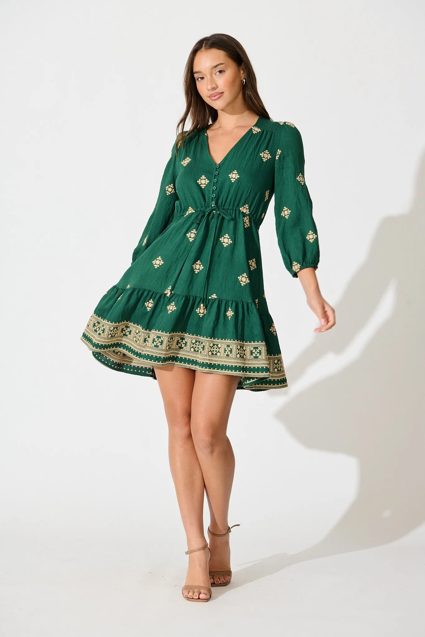 Byron Dress in Emerald with Cream Embroidery sold by St Frock