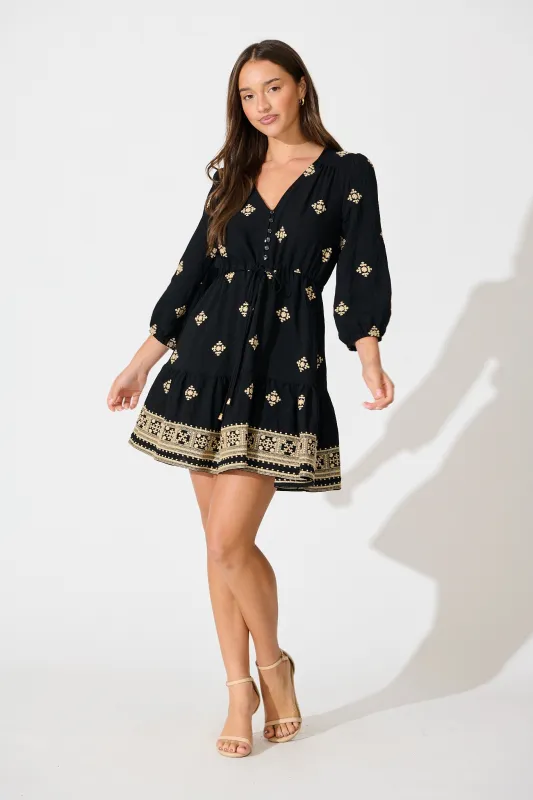 Byron Dress in Black with Cream Embroidery sold by St Frock