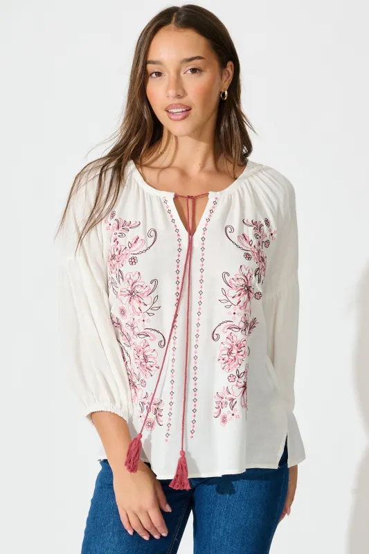 Tasha Top in White with Floral Embroidery sold by St Frock