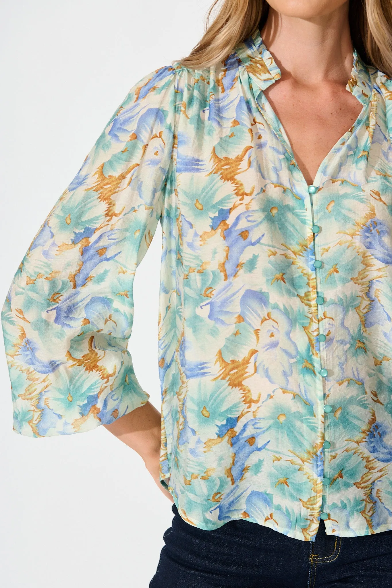 Cynthia Top in Green and Blue Floral sold by St Frock product image thumbnail 5