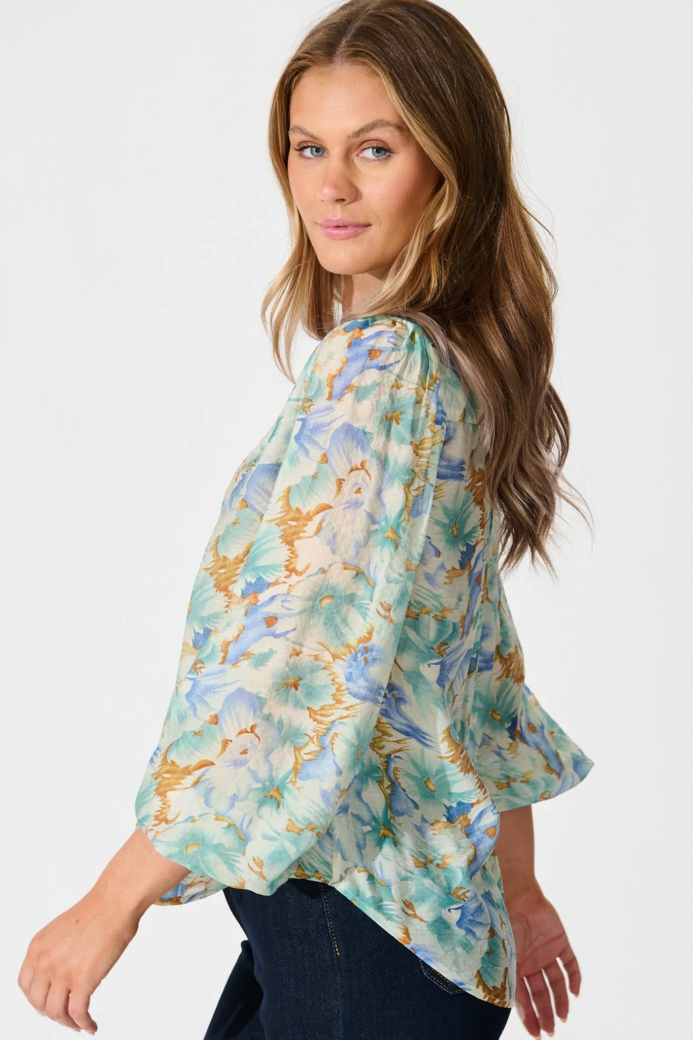 Cynthia Top in Green and Blue Floral sold by St Frock product image thumbnail 2