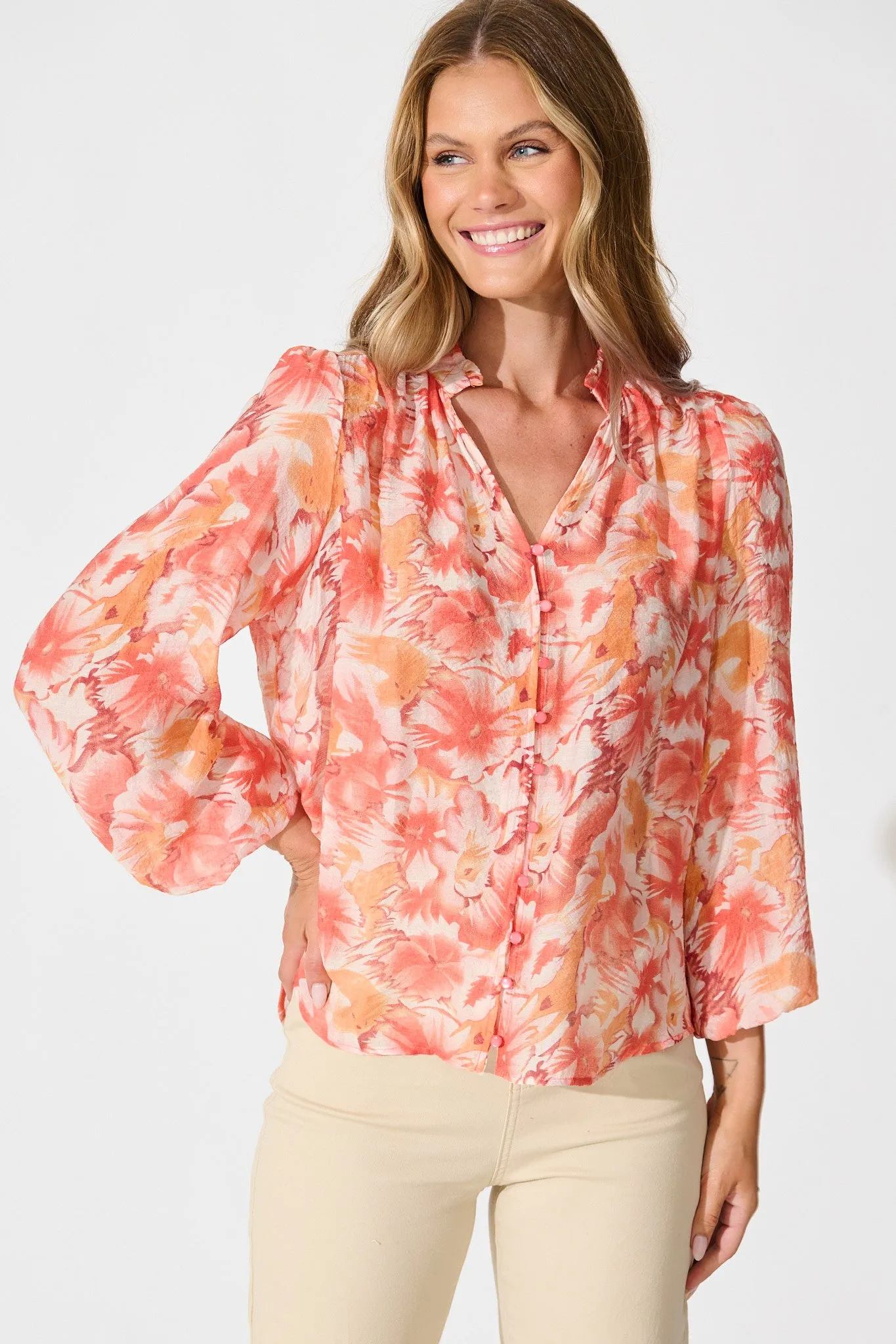 Cynthia Top in Tangerine Floral sold by St Frock