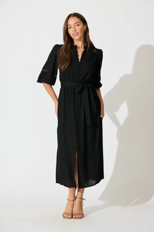 Matika Midi Dress in Black Linen Blend sold by St Frock