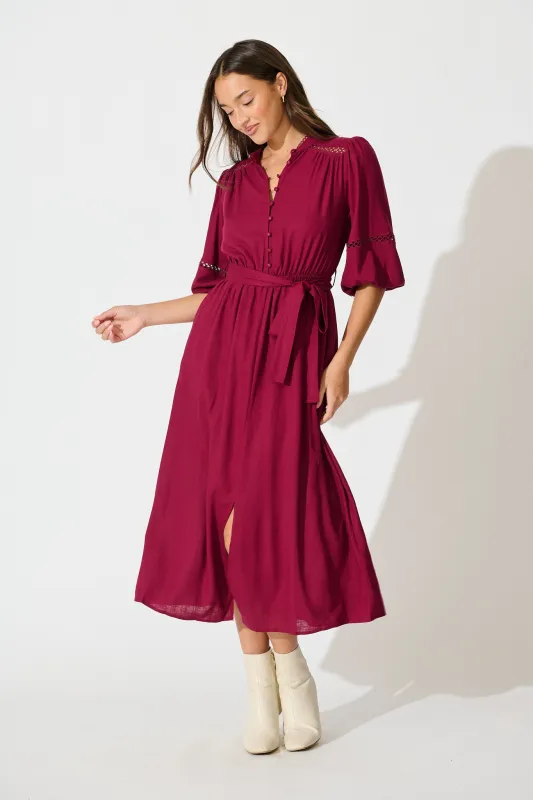 Matika Midi Dress in Wine Linen Blend sold by St Frock