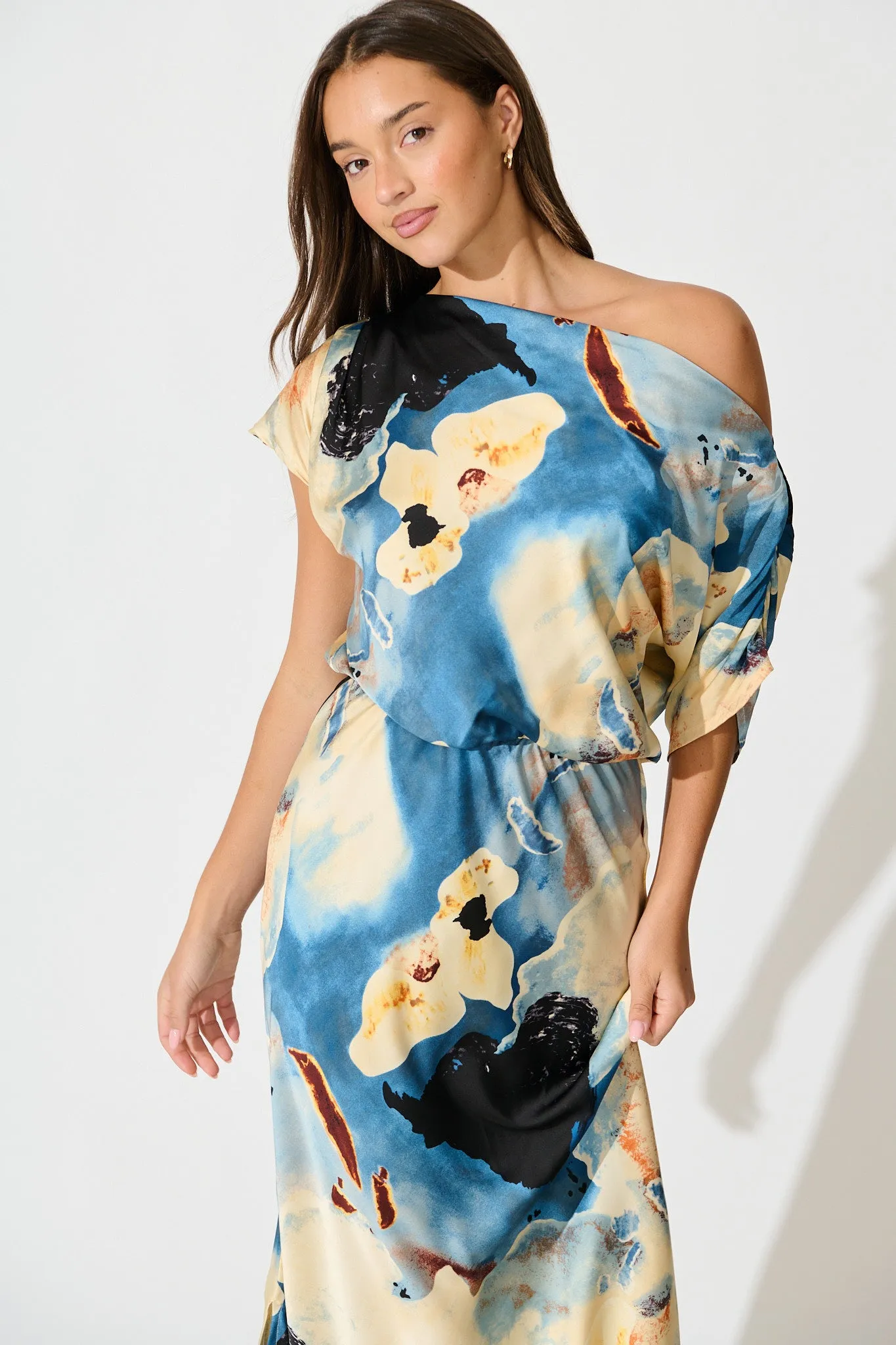 Sarita Maxi Off Shoulder Dress in Blue Watercolour Satin sold by St Frock product image thumbnail 2