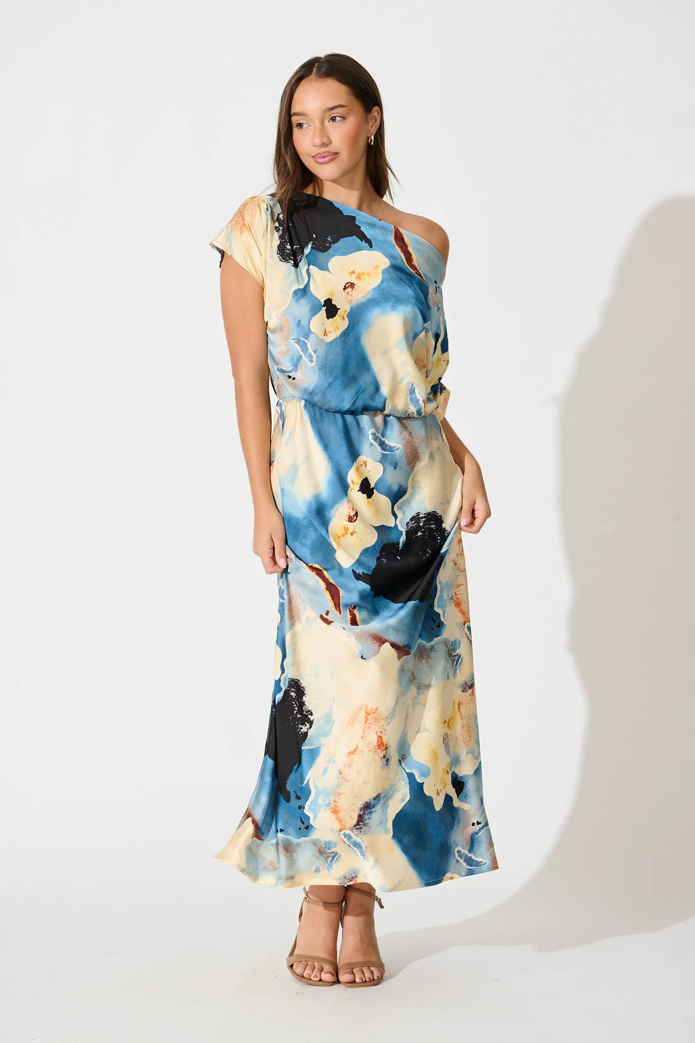 Sarita Maxi Off Shoulder Dress in Blue Watercolour Satin sold by St Frock