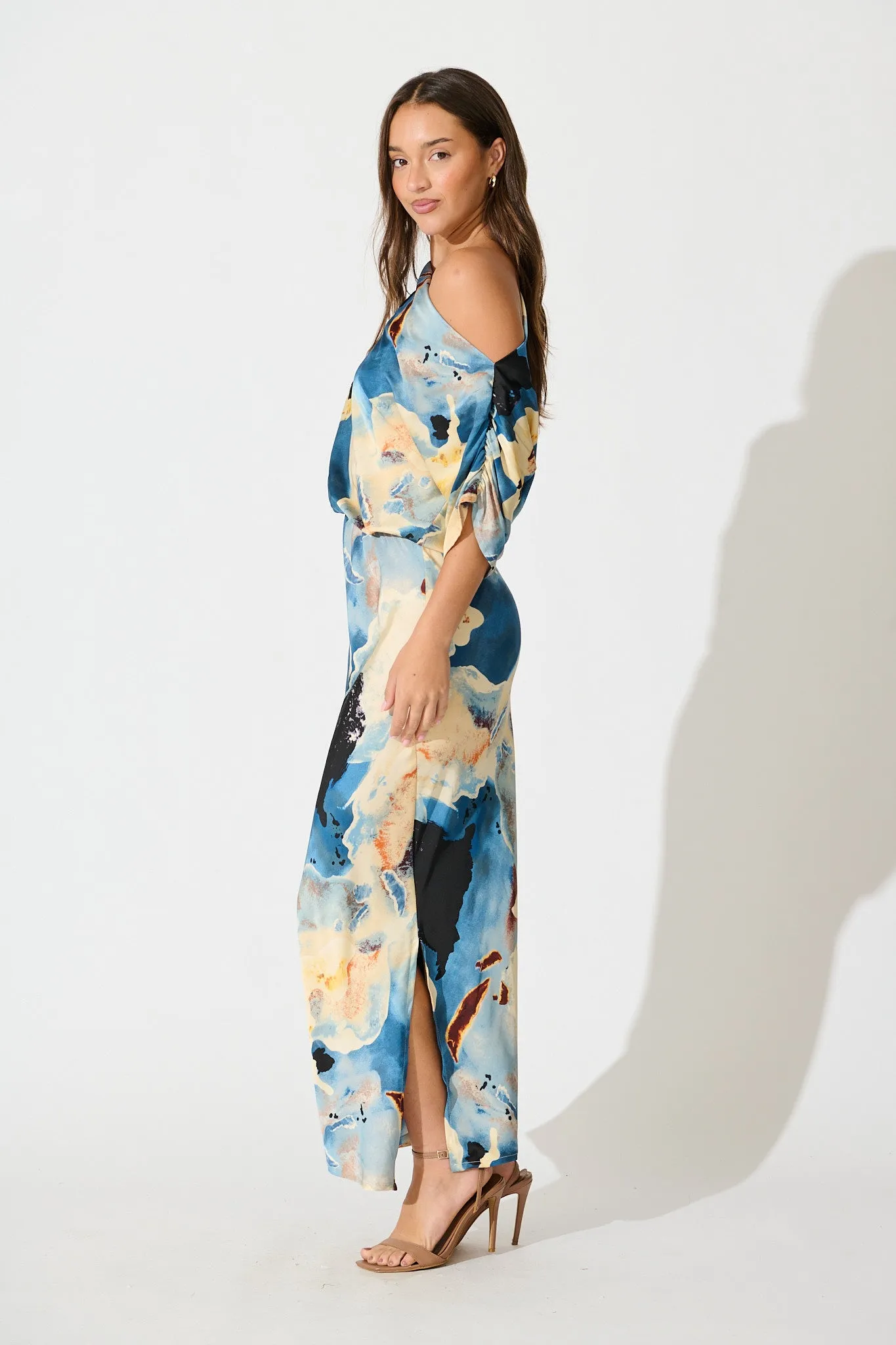 Sarita Maxi Off Shoulder Dress in Blue Watercolour Satin sold by St Frock product image thumbnail 3