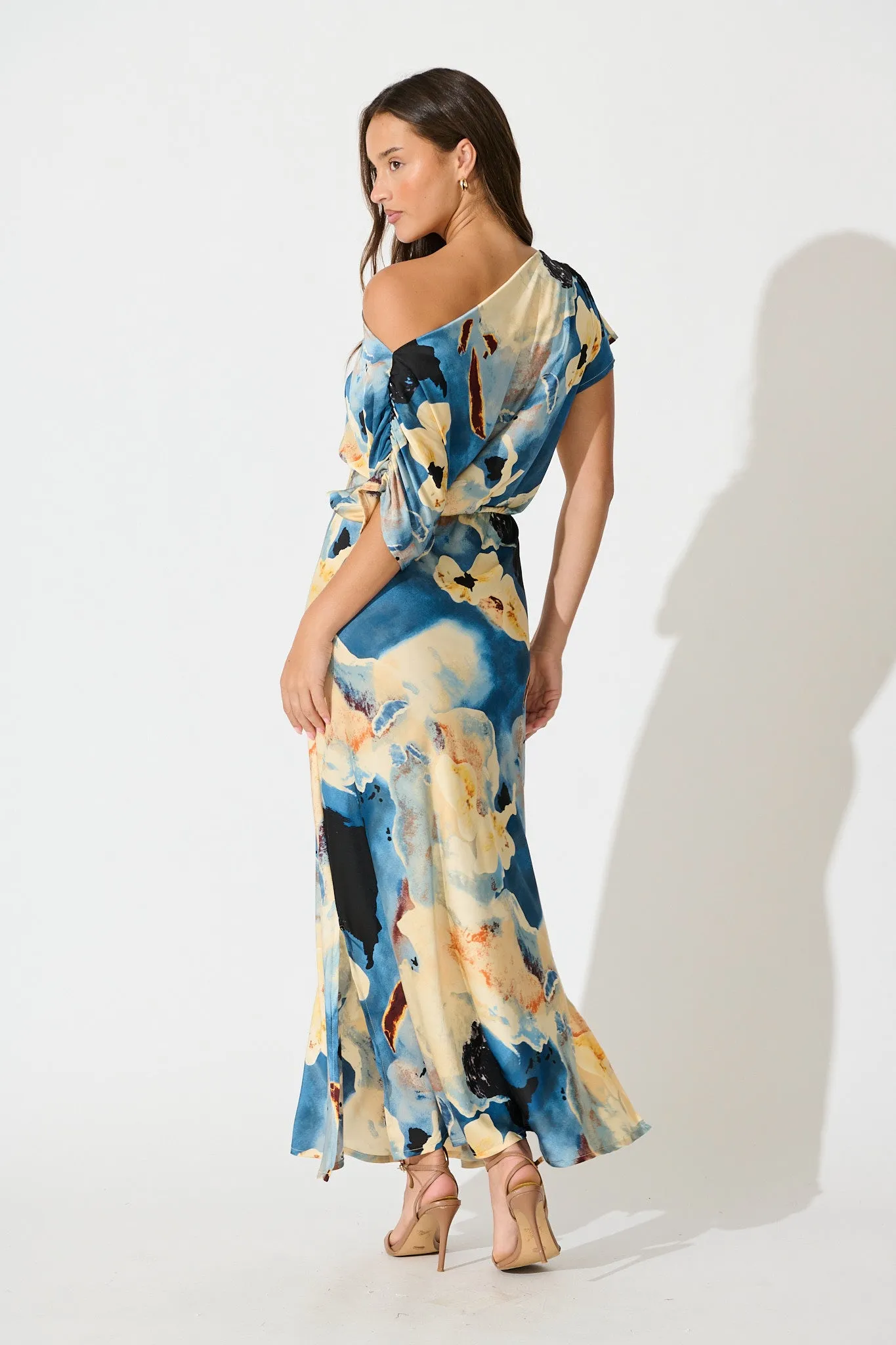 Sarita Maxi Off Shoulder Dress in Blue Watercolour Satin sold by St Frock product image thumbnail 4