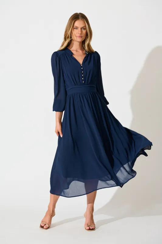 Lustre Midi Dress In Navy Chiffon sold by St Frock
