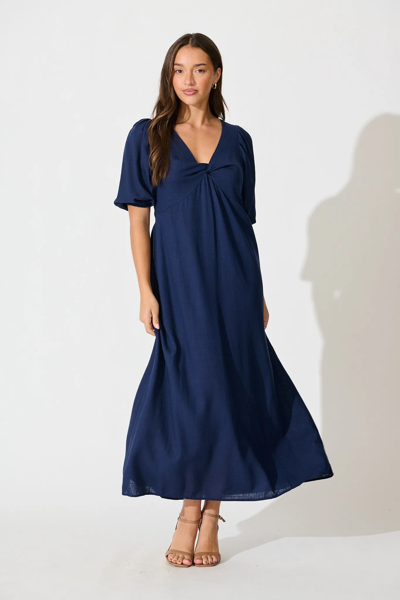 Calissa Midi Dress in Navy Linen Blend sold by St Frock