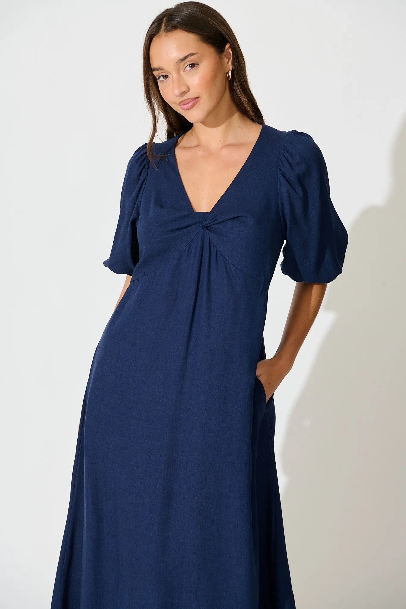 Calissa Midi Dress in Navy Linen Blend sold by St Frock product image thumbnail 3