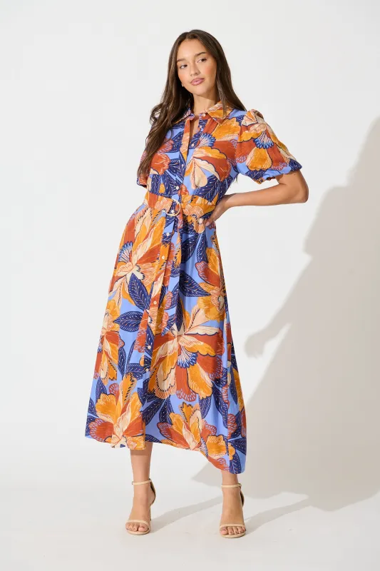 Tanisha Maxi Shirt Dress in Multi Print Linen Blend sold by St Frock