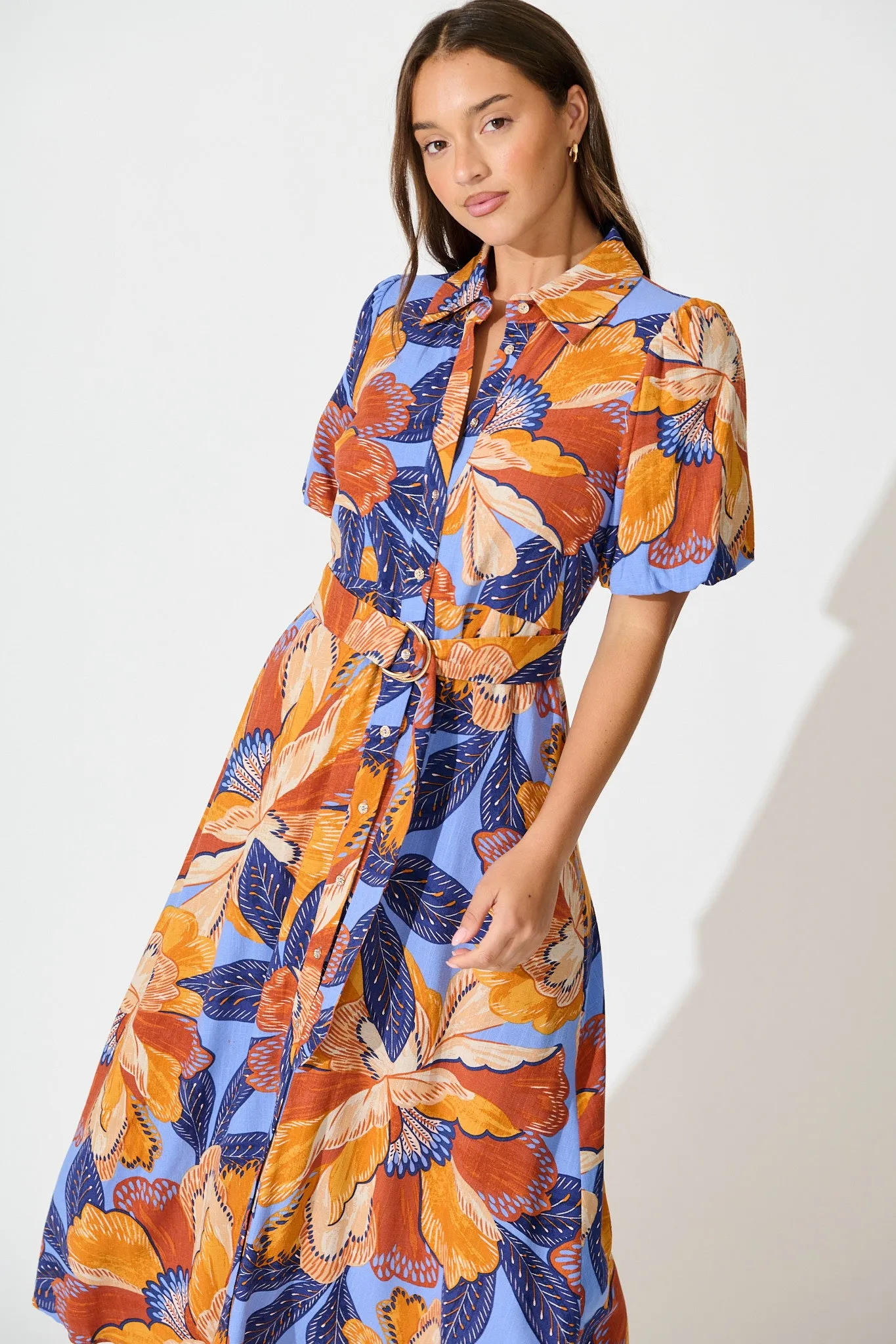 Tanisha Maxi Shirt Dress in Multi Print Linen Blend sold by St Frock product image thumbnail 2