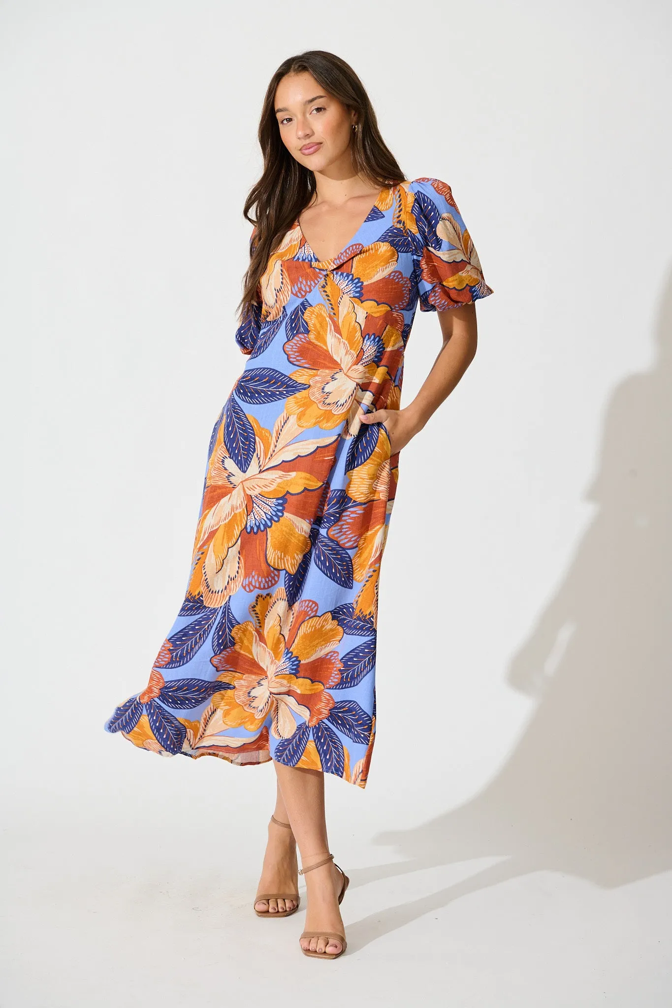 Calissa Midi Dress in Multi Print Linen Blend sold by St Frock