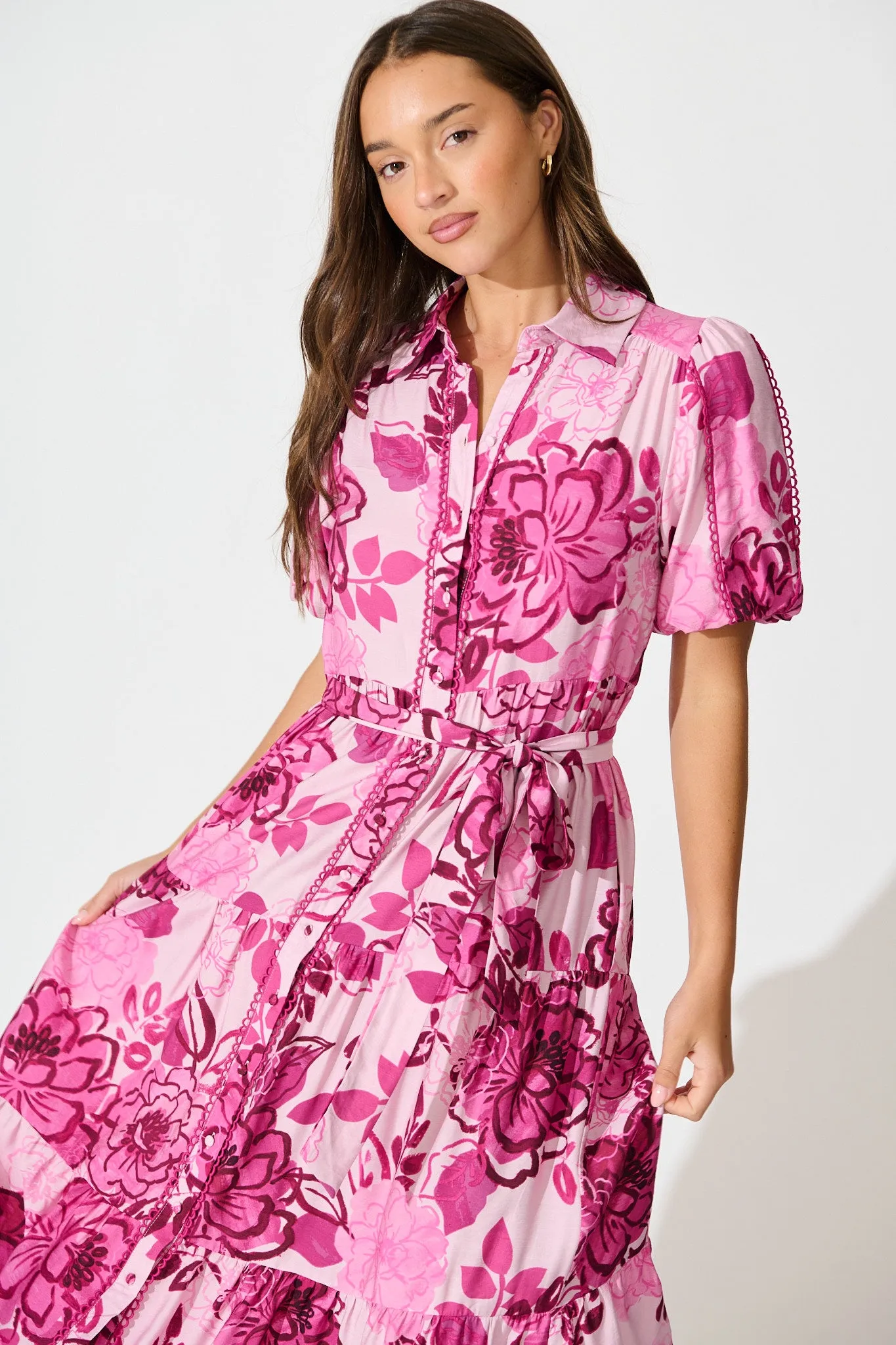 Audrey Maxi Shirt Dress in Pink Floral sold by St Frock product image thumbnail 2
