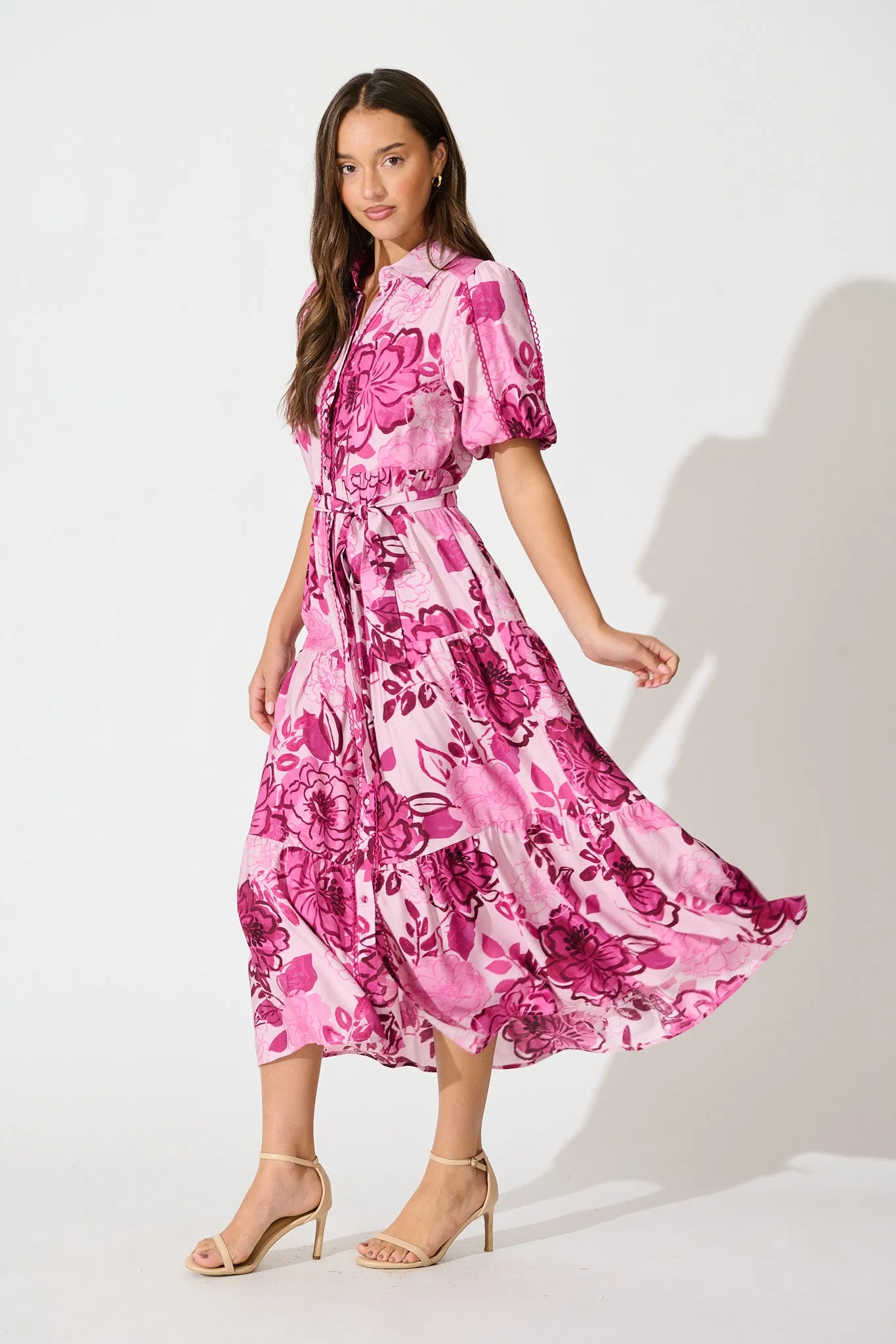 Audrey Maxi Shirt Dress in Pink Floral sold by St Frock product image thumbnail 3