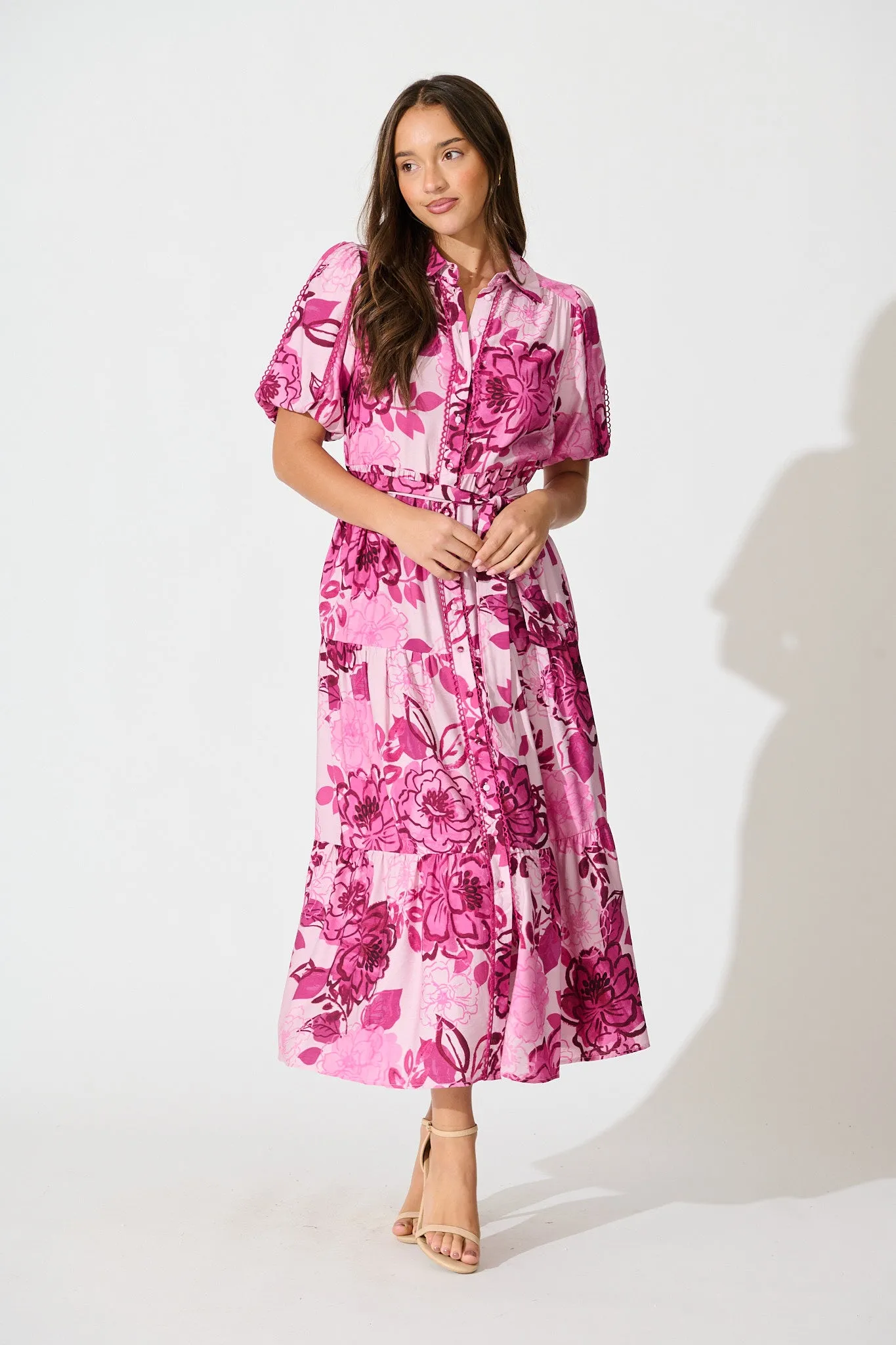 Audrey Maxi Shirt Dress in Pink Floral sold by St Frock