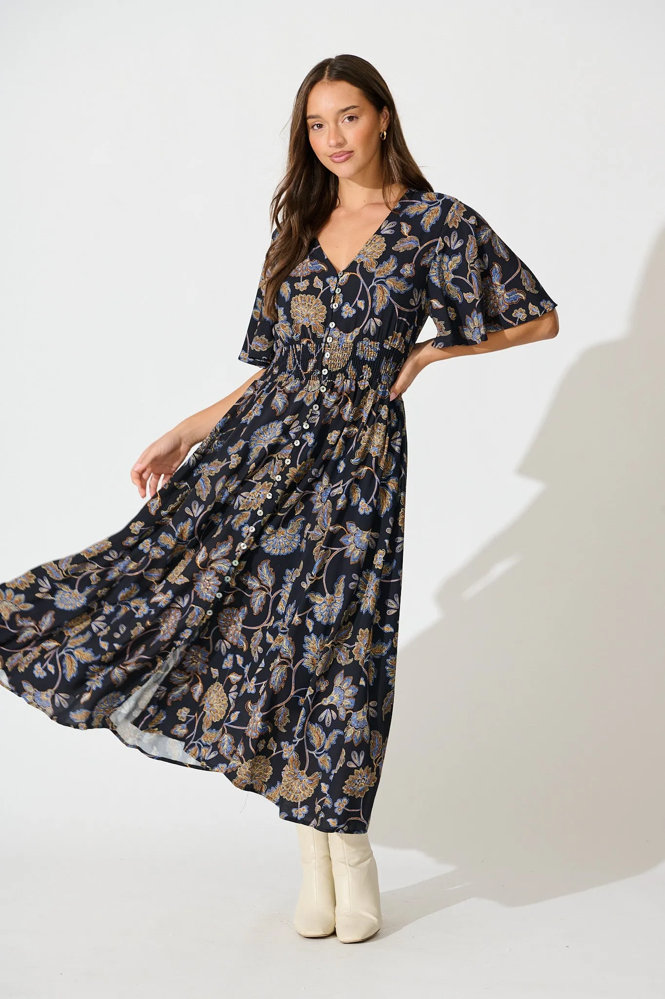 Beatrice Maxi Dress in Black Floral sold by St Frock