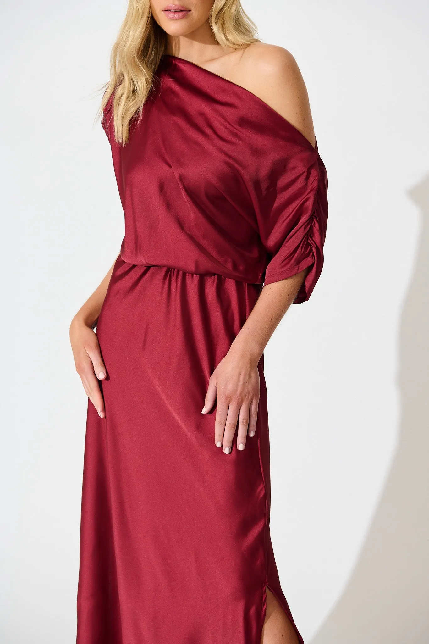 Sarita Maxi Off Shoulder Dress in Wine Satin sold by St Frock product image thumbnail 5