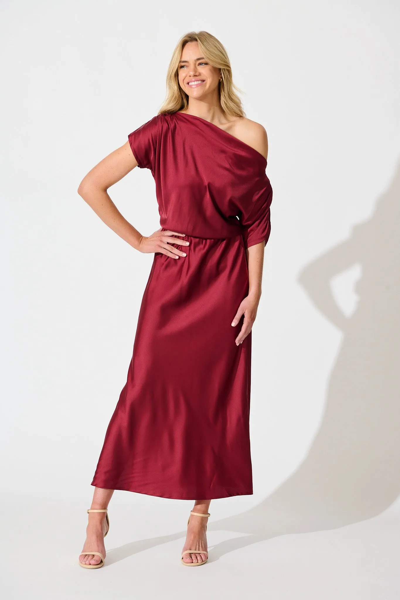 Sarita Maxi Off Shoulder Dress in Wine Satin sold by St Frock