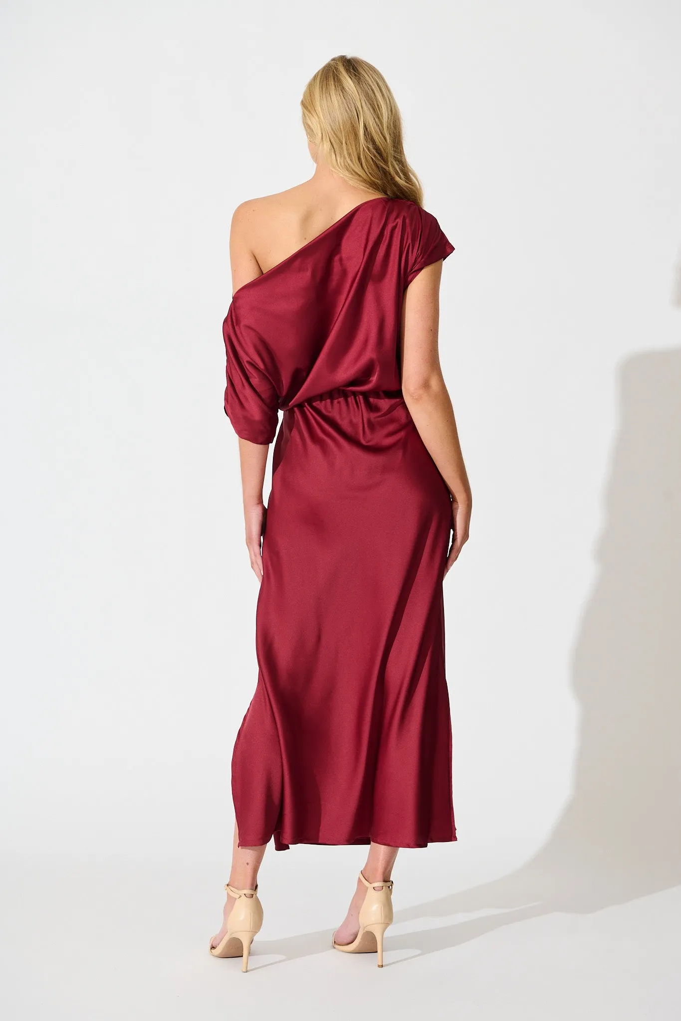 Sarita Maxi Off Shoulder Dress in Wine Satin sold by St Frock product image thumbnail 4