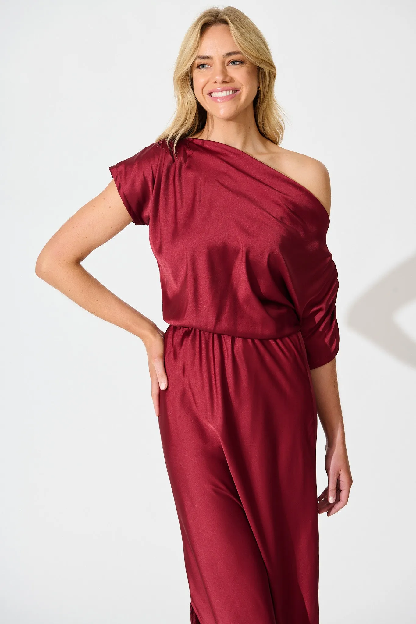 Sarita Maxi Off Shoulder Dress in Wine Satin sold by St Frock product image thumbnail 2