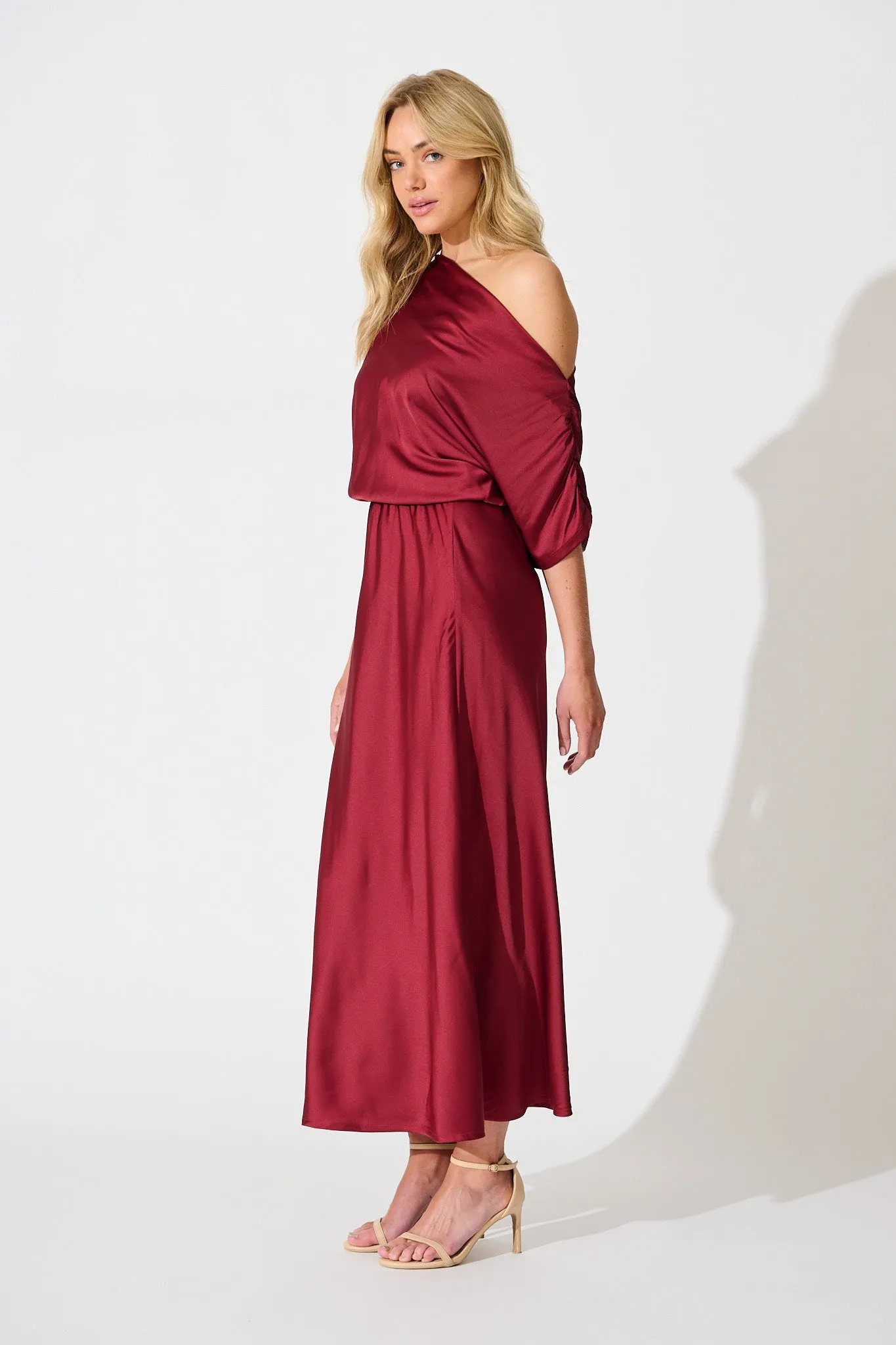 Sarita Maxi Off Shoulder Dress in Wine Satin sold by St Frock product image thumbnail 3