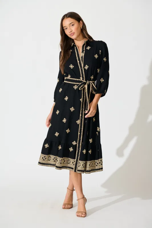 Nahla Midi Shirt Dress in Black with Cream Embroidery sold by St Frock