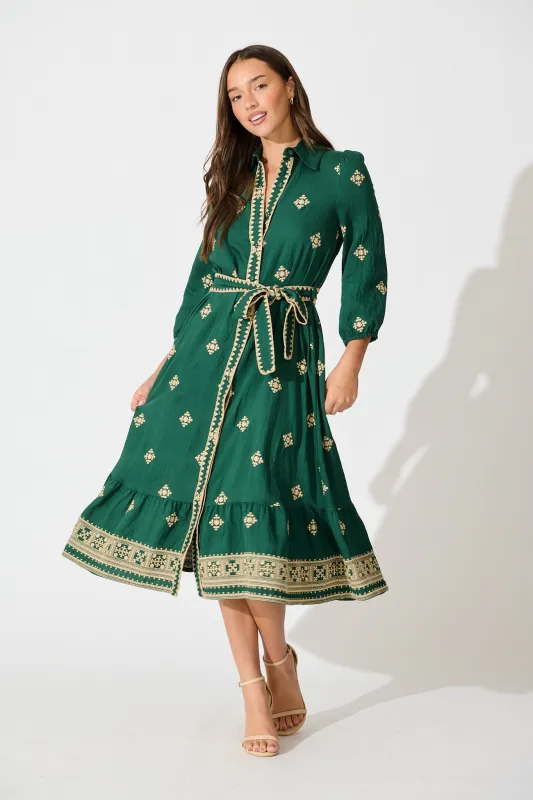 Nahla Midi Shirt Dress in Emerald with Cream Embroidery sold by St Frock
