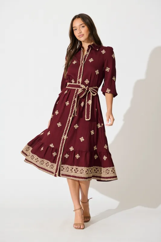 Nahla Midi Shirt Dress in Wine with Cream Embroidery sold by St Frock