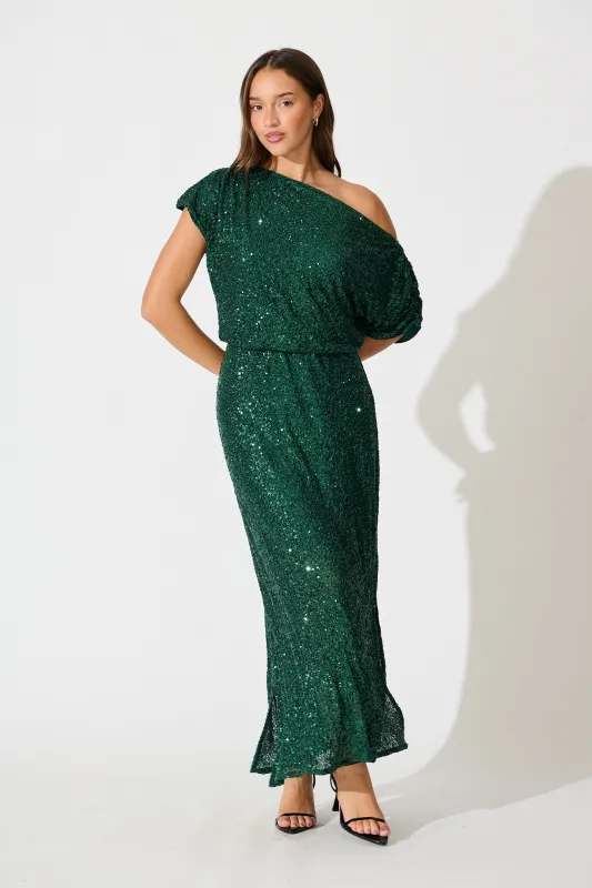 Amiri Off Shoulder Maxi Dress in Emerald Sequin sold by St Frock
