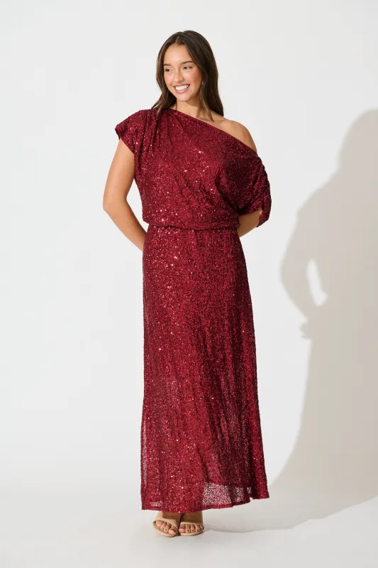 Amiri Off Shoulder Maxi Dress in Wine Sequin sold by St Frock