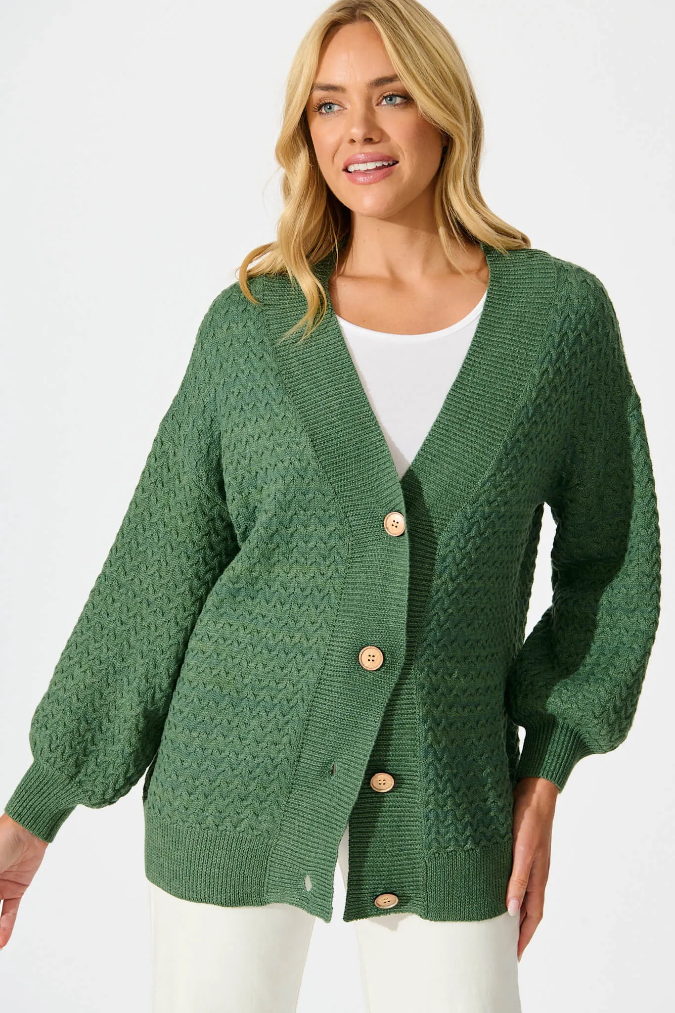 Jenisha Knit Cardigan in Green Cotton Blend sold by St Frock