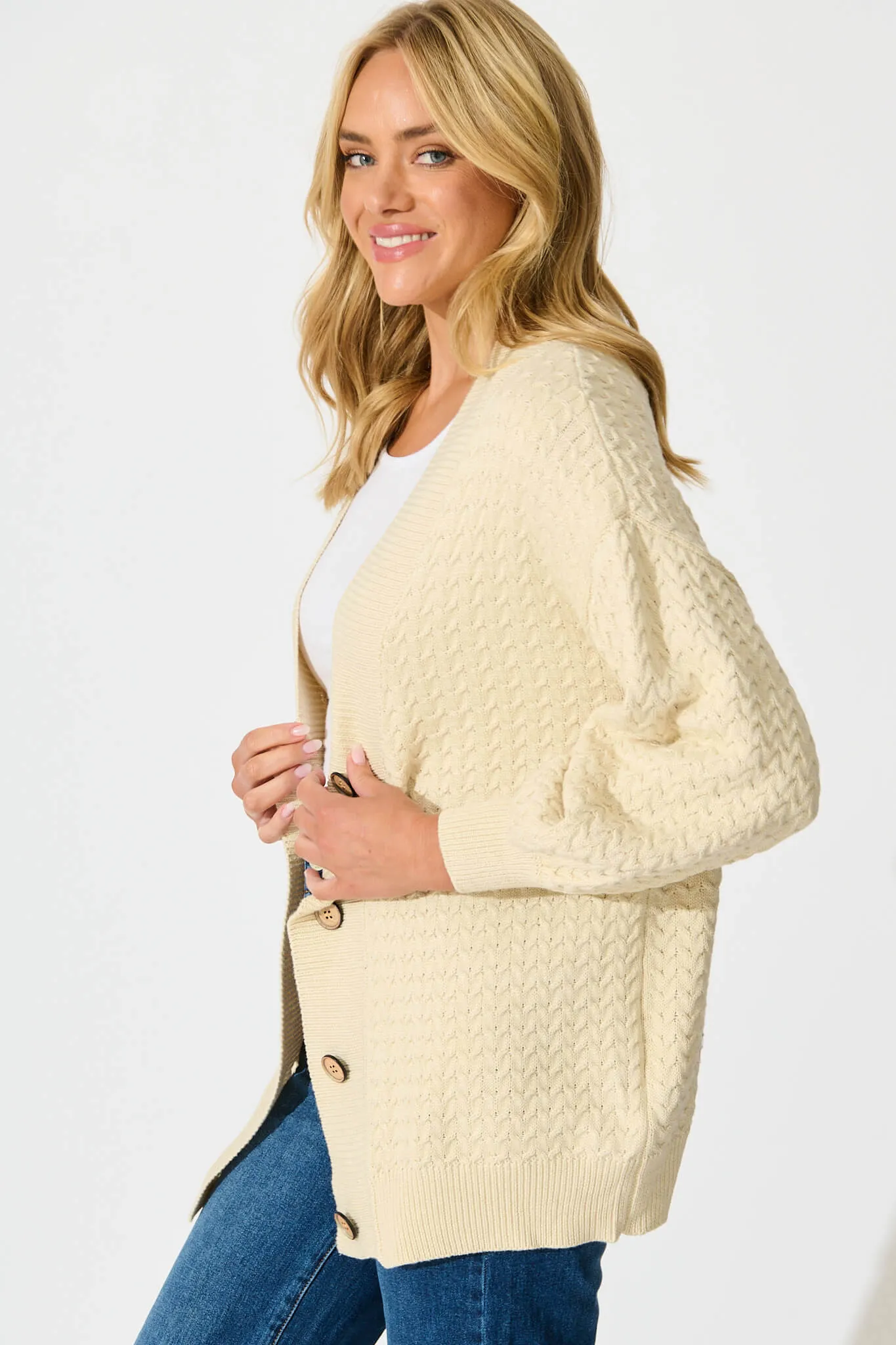 Jenisha Knit Cardigan in Beige Cotton Blend sold by St Frock product image thumbnail 2